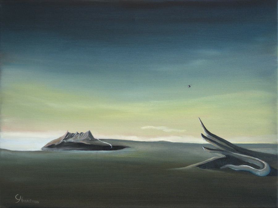 Original surreal oil painting Arrival of Consciousness by Calvin Nanneman featuring an abstract landscape with distant mountains, organic forms, and dreamlike symbolic imagery.