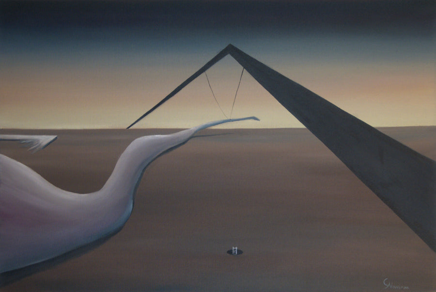 Original surreal oil painting The Birth of Chaos by Calvin Nanneman featuring a monumental dark structure, abstract organic forms, and symbolic dreamlike imagery.
