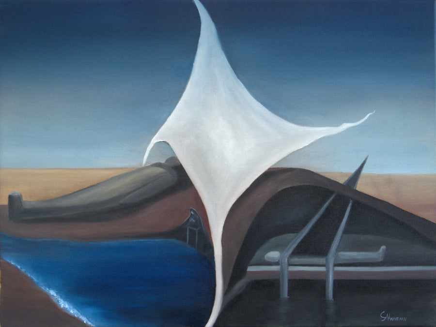 Original surreal oil painting Death of Man by Calvin Nanneman featuring abstract organic forms, a flowing white veil, water, and symbolic dreamlike imagery.