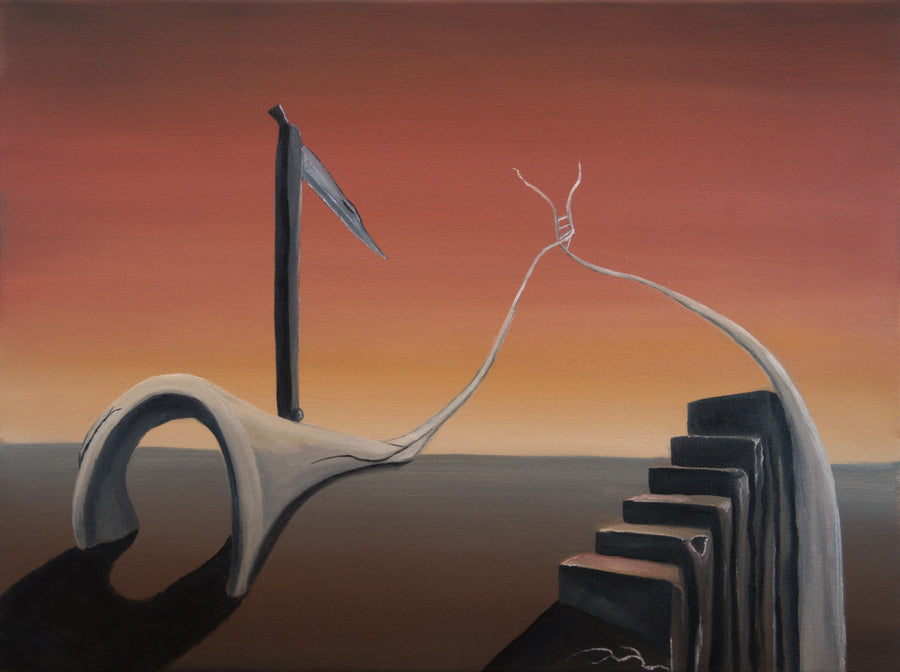 Original surreal oil painting Disintegration of Hierarchy by Calvin Nanneman featuring a fragmented staircase, abstract archway, and symbolic forms beneath a crimson sky.