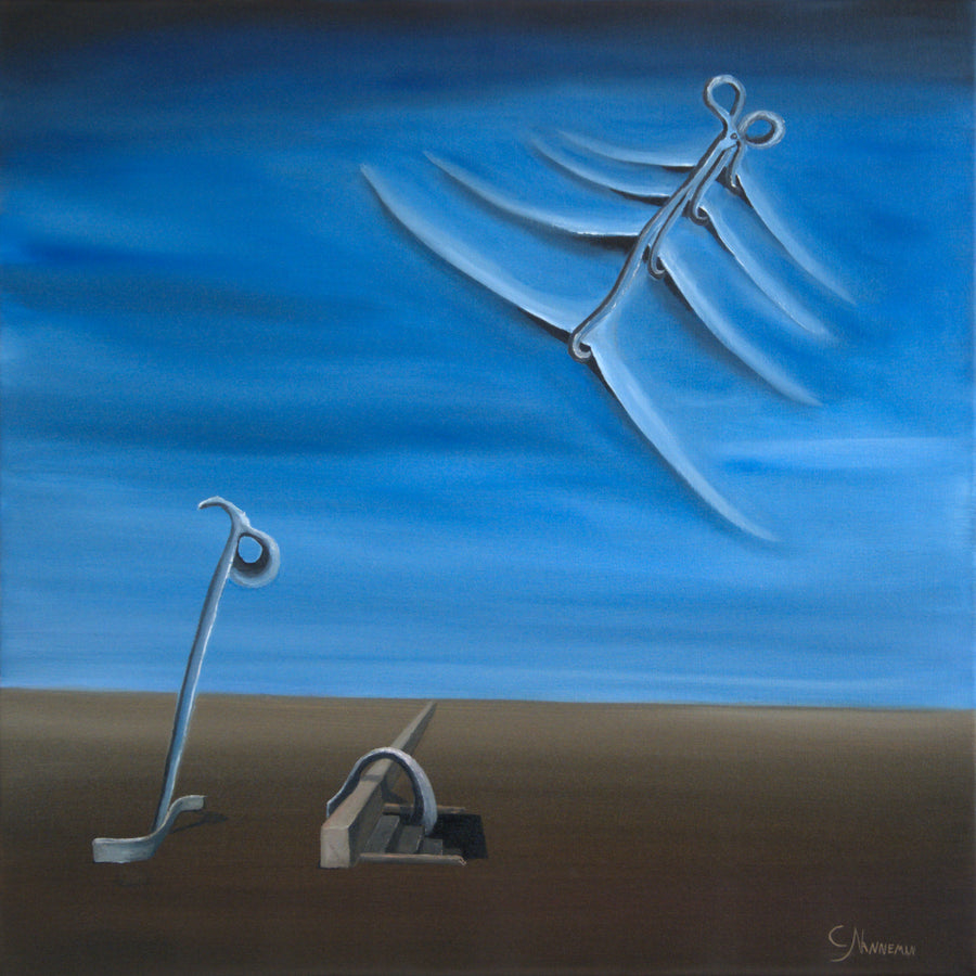Original surreal oil painting Enigma of Longing by Calvin Nanneman featuring abstract flowing forms, suspended structures, and dreamlike symbolic imagery beneath a blue sky.