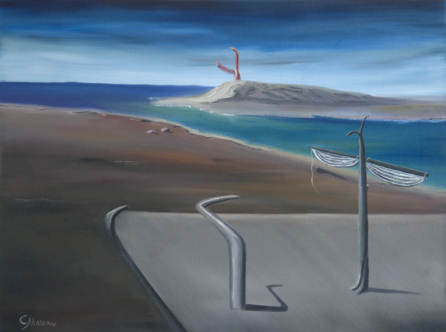 Original surreal oil painting Journey of Desire by Calvin Nanneman featuring a dreamlike shoreline, symbolic forms, and a distant island beneath a moody blue sky.