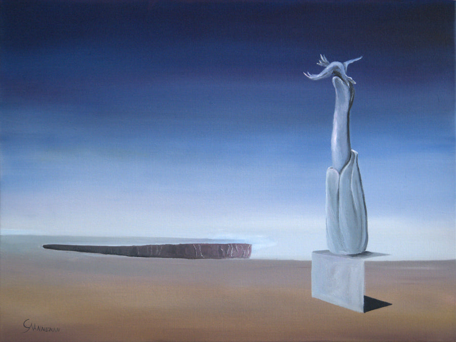 Original surreal oil painting Life Feeds Upon Itself by Calvin Nanneman featuring an abstract white organic form beside a dark chasm in a sparse dreamlike landscape.