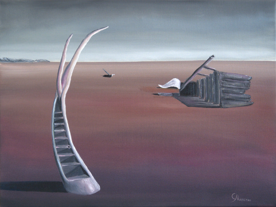 Original surreal oil painting Premonition of Eternity by Calvin Nanneman featuring an ascending staircase, barren landscape, and symbolic dreamlike forms beneath a gray sky.