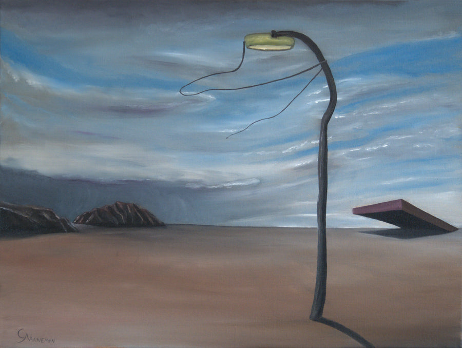 Original surreal oil painting The Pursuit of Knowledge by Calvin Nanneman featuring a solitary abstract figure beneath a glowing form in a dreamlike landscape.