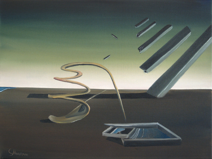 Original surreal oil painting Tears of Odysseus by Calvin Nanneman featuring abstract forms, fragmented structures, and symbolic imagery inspired by Greek mythology.