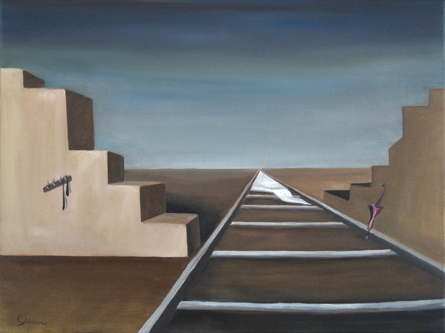 Original surreal oil painting The Great Untying by Calvin Nanneman featuring railroad tracks disappearing into the horizon between fragmented stairways.