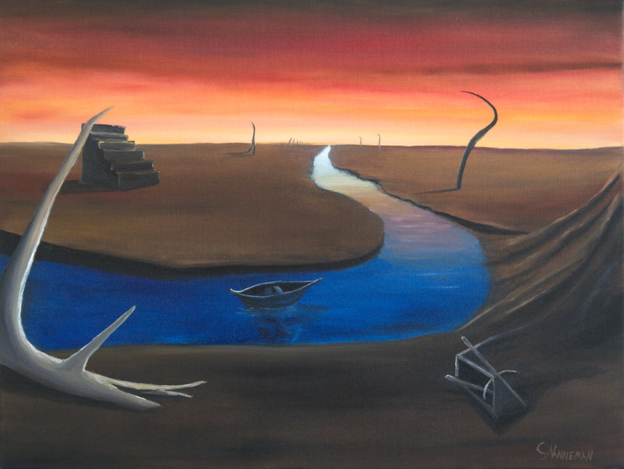 Original surreal oil painting The River Styx by Calvin Nanneman featuring a winding blue river, barren landscape, stairway, and symbolic dreamlike forms.