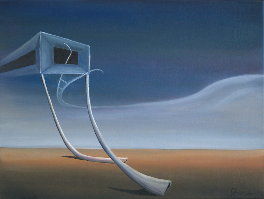 Original surreal oil painting The Seekers' Accord by Calvin Nanneman featuring an abstract elevated structure with elongated forms set against a dreamlike landscape.