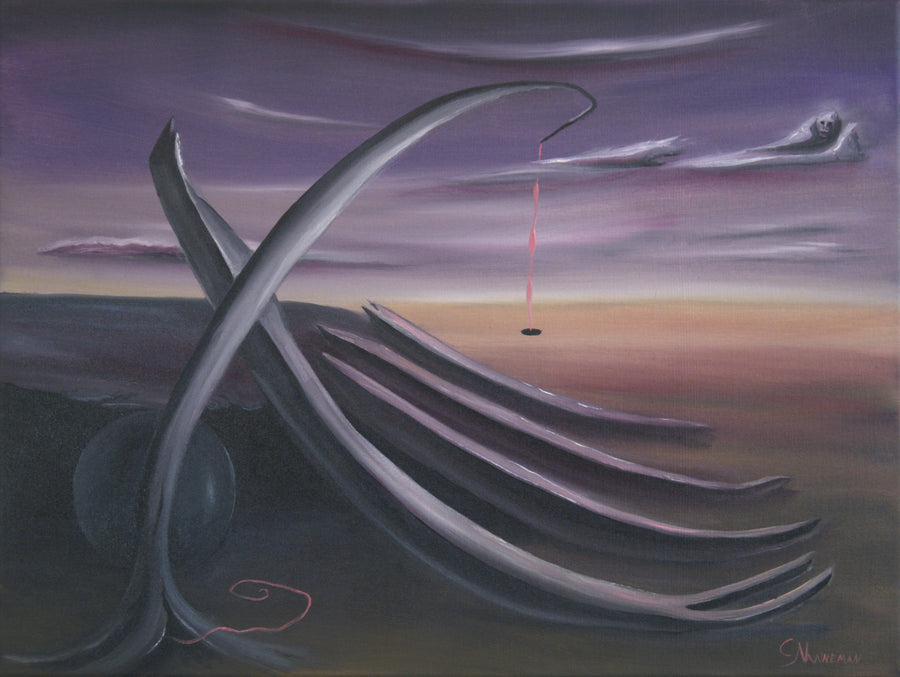 Original surreal oil painting Threading the Occult by Calvin Nanneman featuring abstract flowing forms, a crimson thread, and dreamlike symbolic imagery.